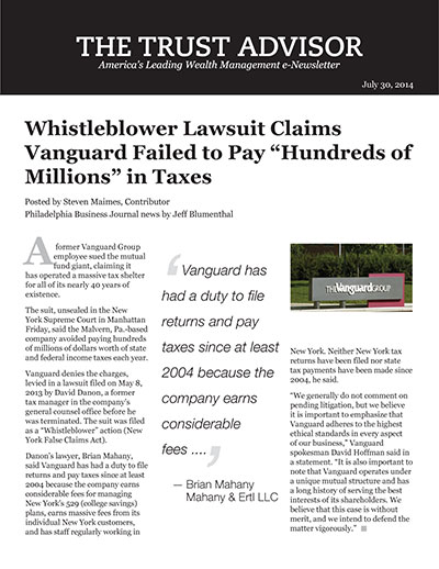 Whistleblower lawsuit claims Vanguard failed to pay "hundreds of millions" in taxes