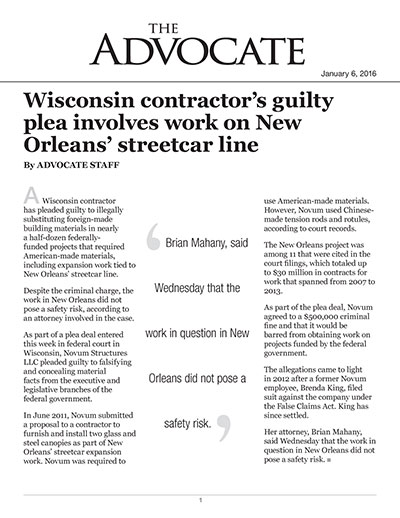 Wisconsin contractor’s guilty plea involves work on New Orleans’ streetcar line