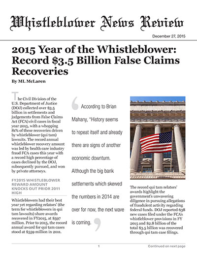 2015 Year of the Whistleblower: Record $3.5 Billion False Claims Recoveries