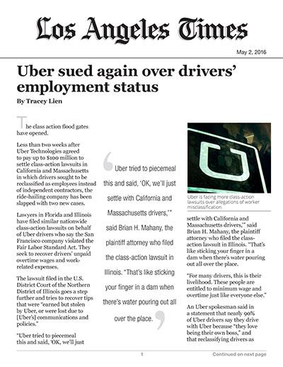 Uber sued again over drivers' employment status