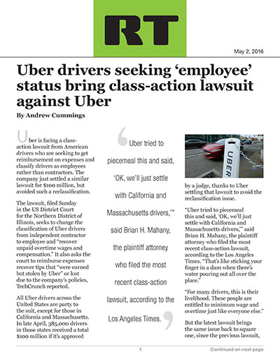 Uber drivers seeking ‘employee’ status bring class-action lawsuit against Uber