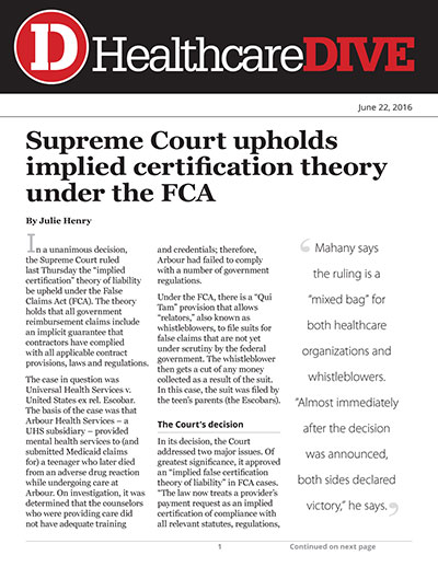 Supreme Court upholds implied certification theory under the FCA