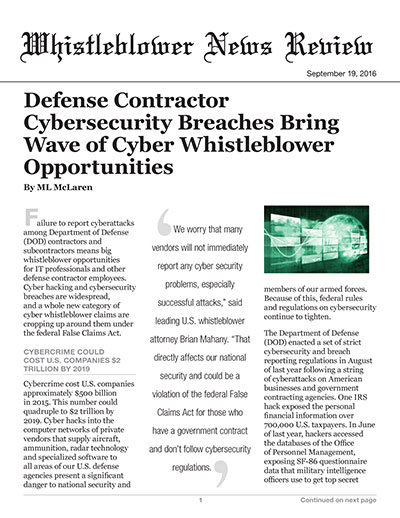 Defense Contractor Cybersecurity Breaches Bring Wave of Cyber Whistleblower Opportunities