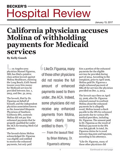 California physician accuses Molina of withholding payments for Medicaid services