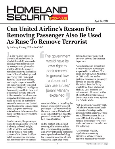 Can 'United" Airline’s Reason for Removing Passenger Also be Used as Ruse to Remove Terrorist