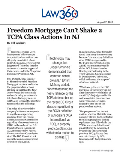 Freedom Mortgage Can't Shake 2 TCPA Class Actions In NJ